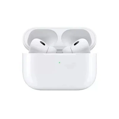 An open white wireless earbud charging case with both buds inside, on a white background