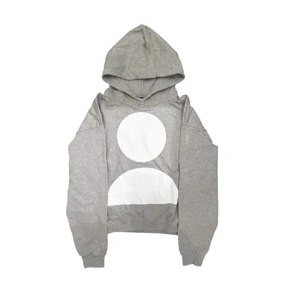 A grey pullover hoodie shot flat on white, with one large white circle printed across the chest