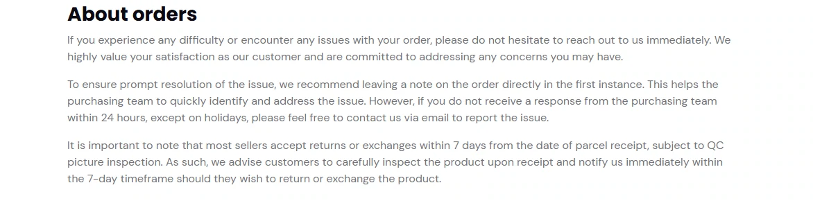 The About orders section of the Basetao after sale service page, asking buyers to leave a note on the order, promising a reply within 24 hours, and stating that most sellers accept returns within 7 days of parcel receipt subject to QC picture inspection