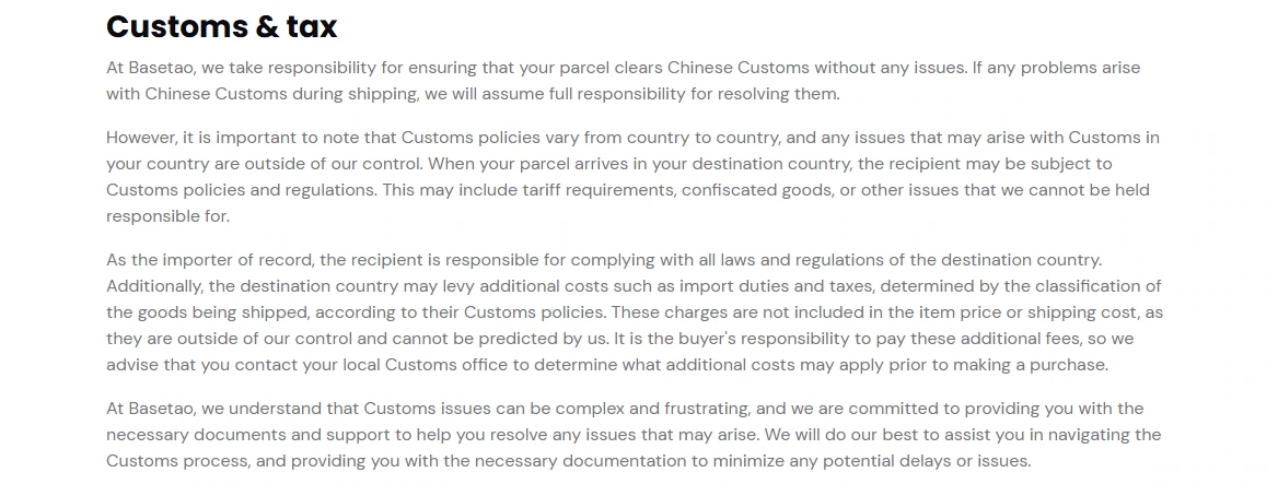 The Basetao customs and tax page, stating that Basetao takes responsibility for clearing Chinese customs and that duties levied by the destination country are outside its control and fall to the recipient as importer of record