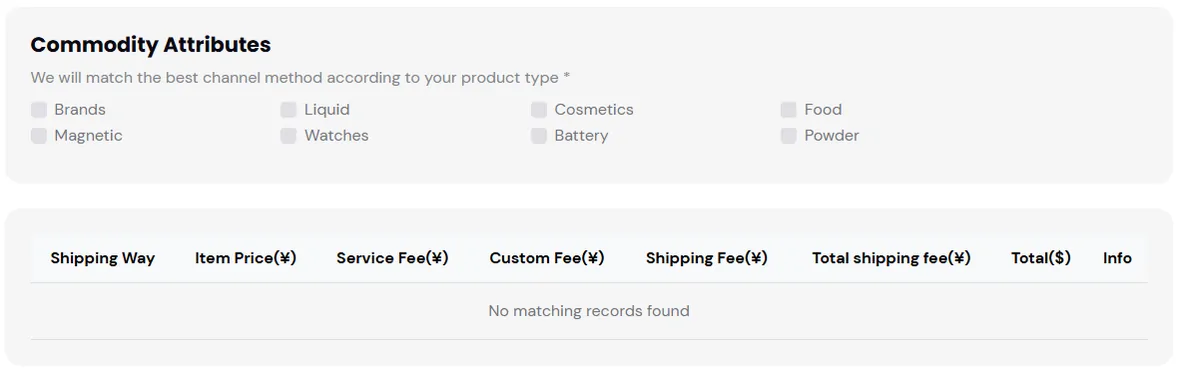 The commodity attributes checkboxes on the Basetao cost calculator, offering brands, liquid, cosmetics, food, magnetic, watches, battery and powder, above the result table headings
