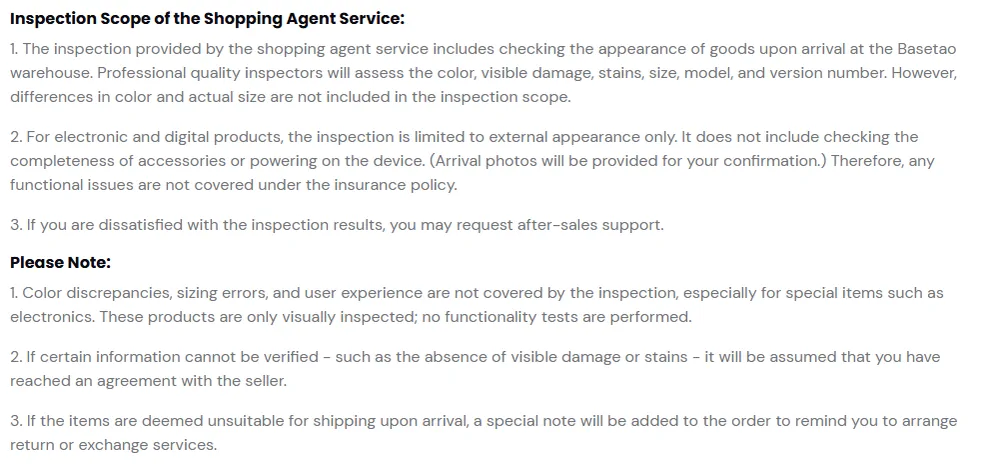The Basetao inspection standards page listing the inspection scope and the exclusions for colour difference, sizing error and user experience