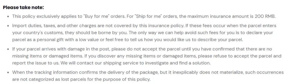 The Please take note section of the Basetao insurance page, covering Buy for me only, the 200 RMB cap for Ship for me, duties not being covered, and refusing damaged parcels on delivery