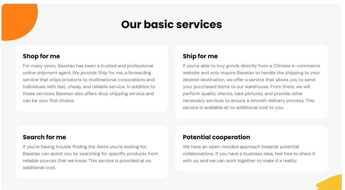 Basetao homepage panel listing Shop for me, Ship for me, Search for me and Potential cooperation