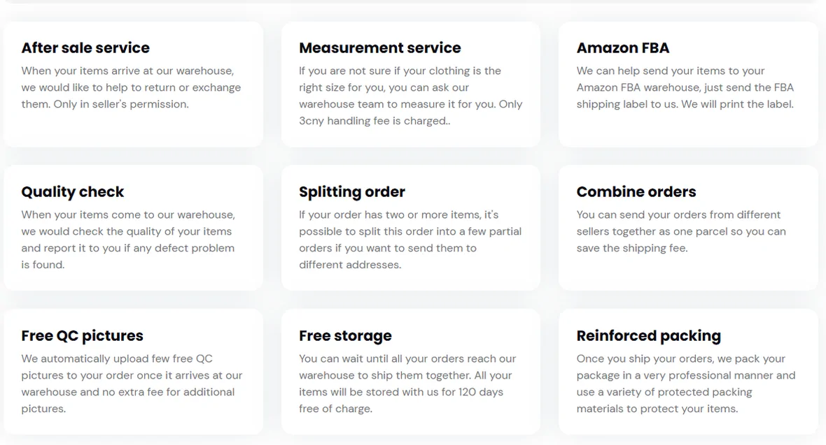 Nine feature cards from the Basetao homepage covering after sale service, measurement, Amazon FBA, quality check, splitting, combining, free QC pictures, free storage and reinforced packing