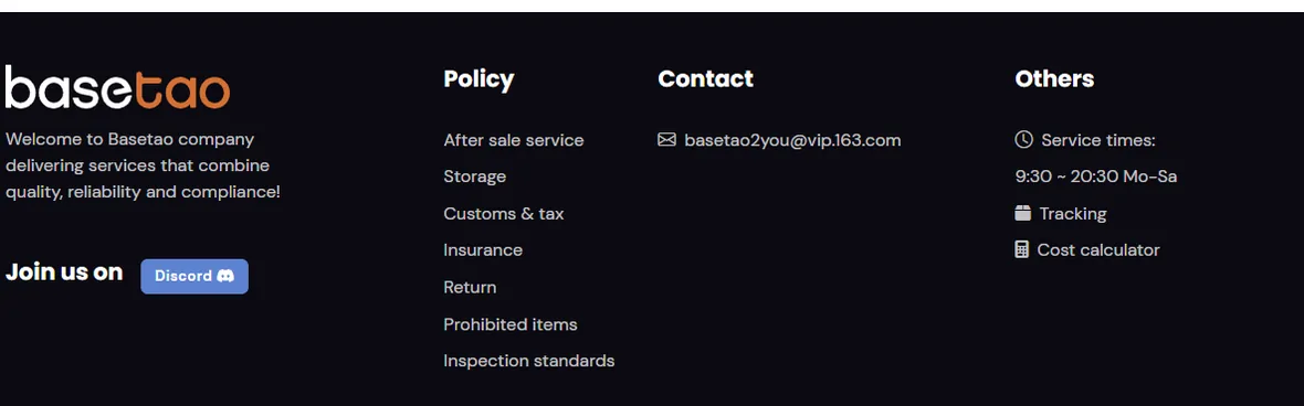 The Basetao site footer showing policy links, the support email address, service hours and the Discord button