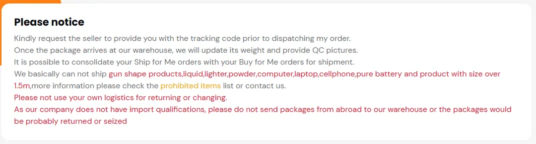 The Please notice block on the Basetao make a parcel page, in red text, listing items that cannot be forwarded and warning against sending parcels from abroad