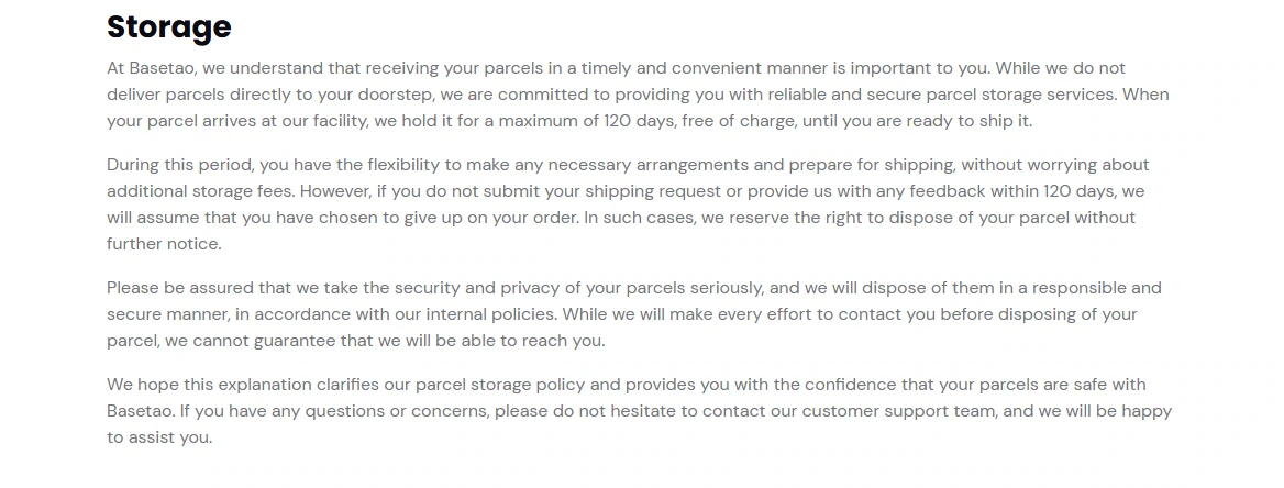 The Basetao storage policy page stating a maximum of 120 days free of charge, the option to arrange shipping during that period, and the right to dispose of a parcel if no shipping request or feedback arrives